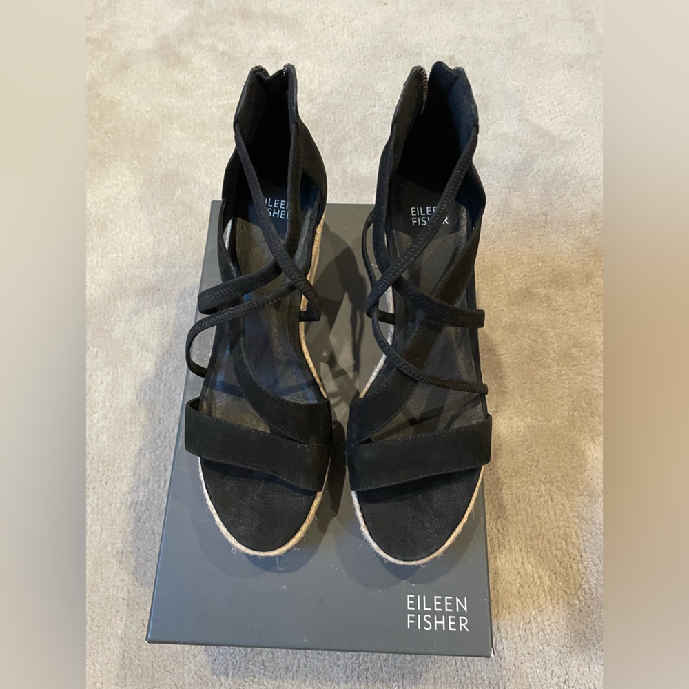 Eileen Fisher Black Strappy Sandals with Ankle-Height Design